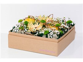 Stimmungsvoller Blumentanz in der Baumschule Graz - Stimmungsvolle Blumenbox Paris Blüten im Verlauf von Weiß, Creme bis Grün, mit spielerischen Ranken.       Blumenbox Paris Abmessungen ca. 27 x 27 cm.   Abbildung ähnlich je nach Verfügbarkeit und Jahreszeit.